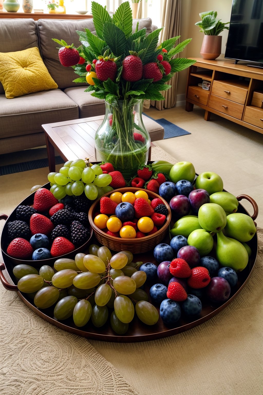 ((masterpiece)), (best quality), tray with many fruits, in the living room