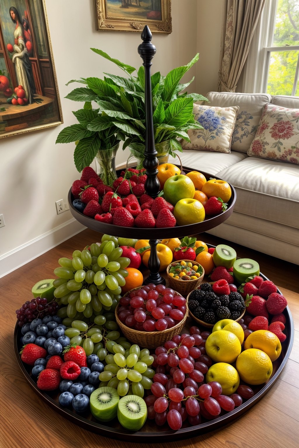 ((masterpiece)), (best quality), tray with many fruits, in the living room