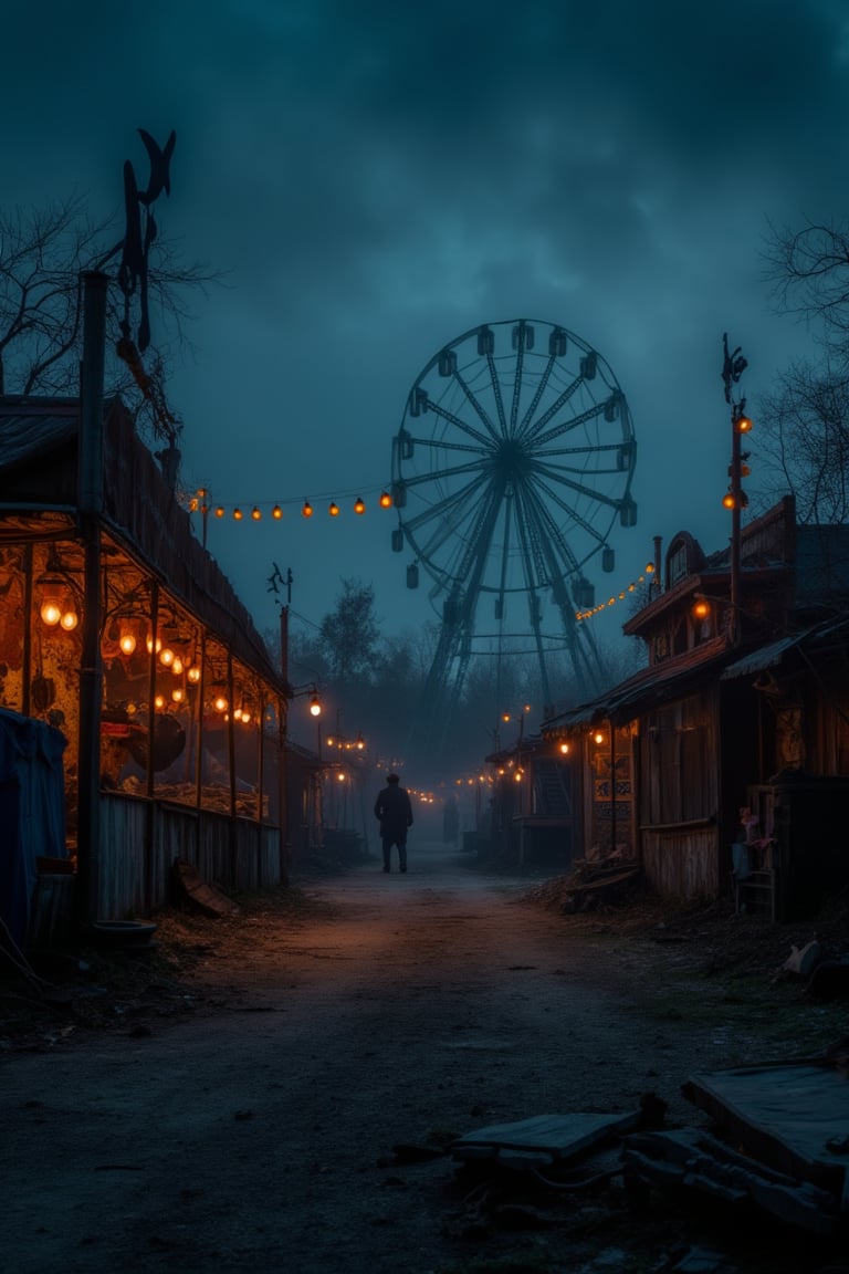 An eerie abandoned carnival at midnight, complete with rusted rides, tattered tents, and ghostly figures wandering around. Surreal and unsettling atmosphere.
