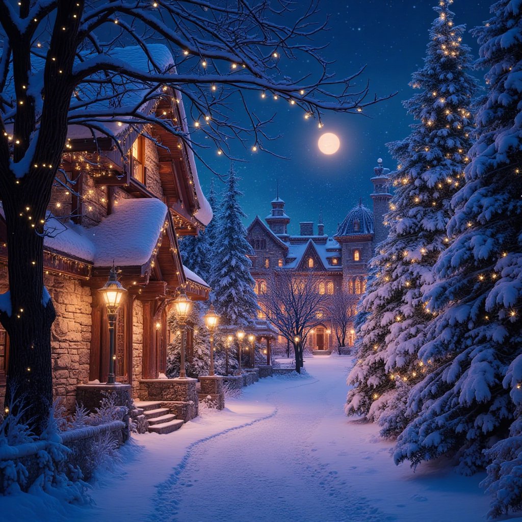 A magical Christmas wonderland filled with twinkling fairy lights,  snow-covered trees,  and ornate decorations by Sawoo o...