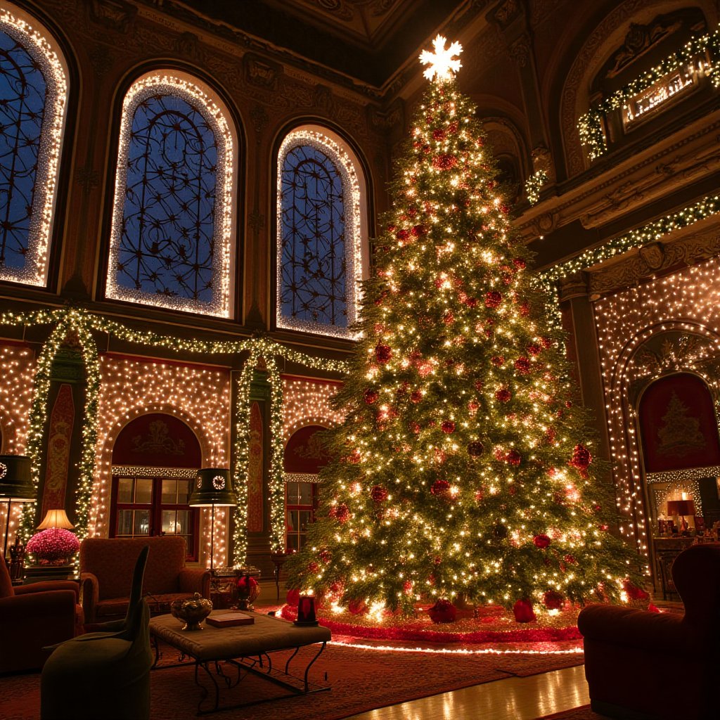 A lavishly decorated living room with a towering Christmas tree adorned with sparkling ornaments,  glittering garlands,  a...