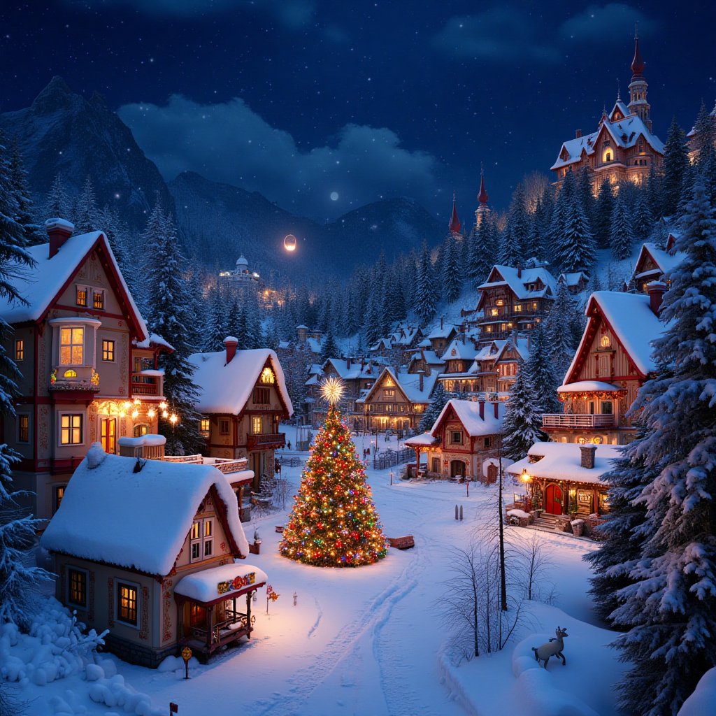 A whimsical snowy village at night,  illuminated by colorful Christmas lights,  with beautifully decorated houses and a fe...