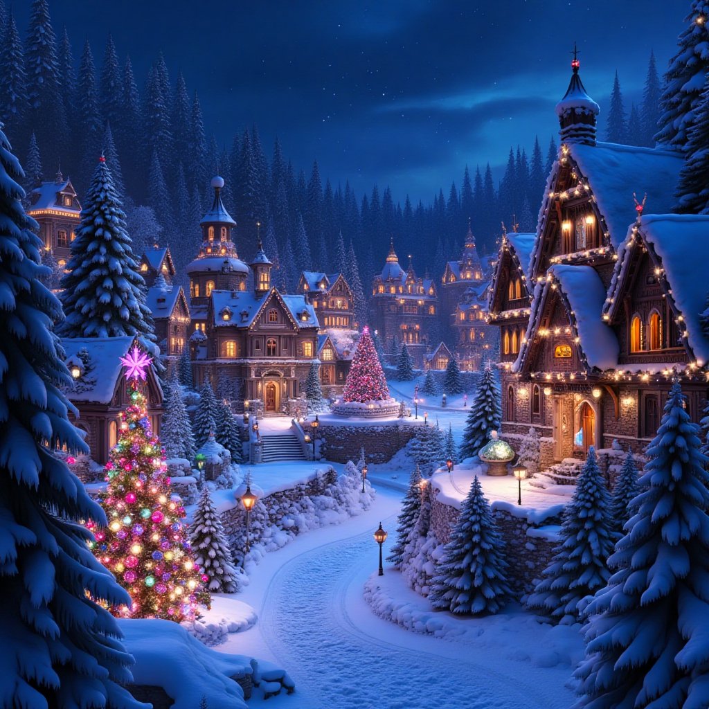 A whimsical snowy village at night,  illuminated by colorful Christmas lights,  with beautifully decorated houses and a fe...