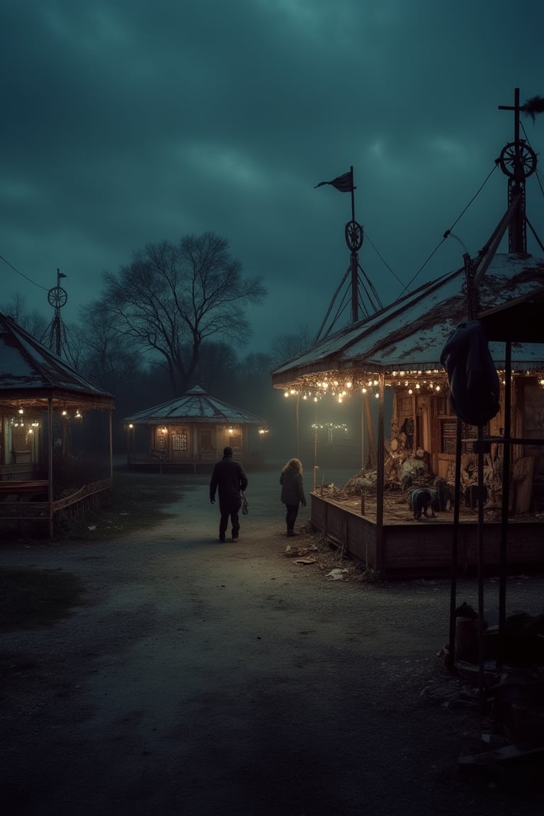 An eerie abandoned carnival at midnight, complete with rusted rides, tattered tents, and ghostly figures wandering around. Surreal and unsettling atmosphere.
