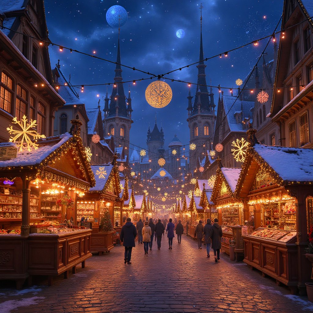 An opulent Christmas market in a picturesque town square,  featuring elegantly decorated stalls,  shimmering lights by Saw...