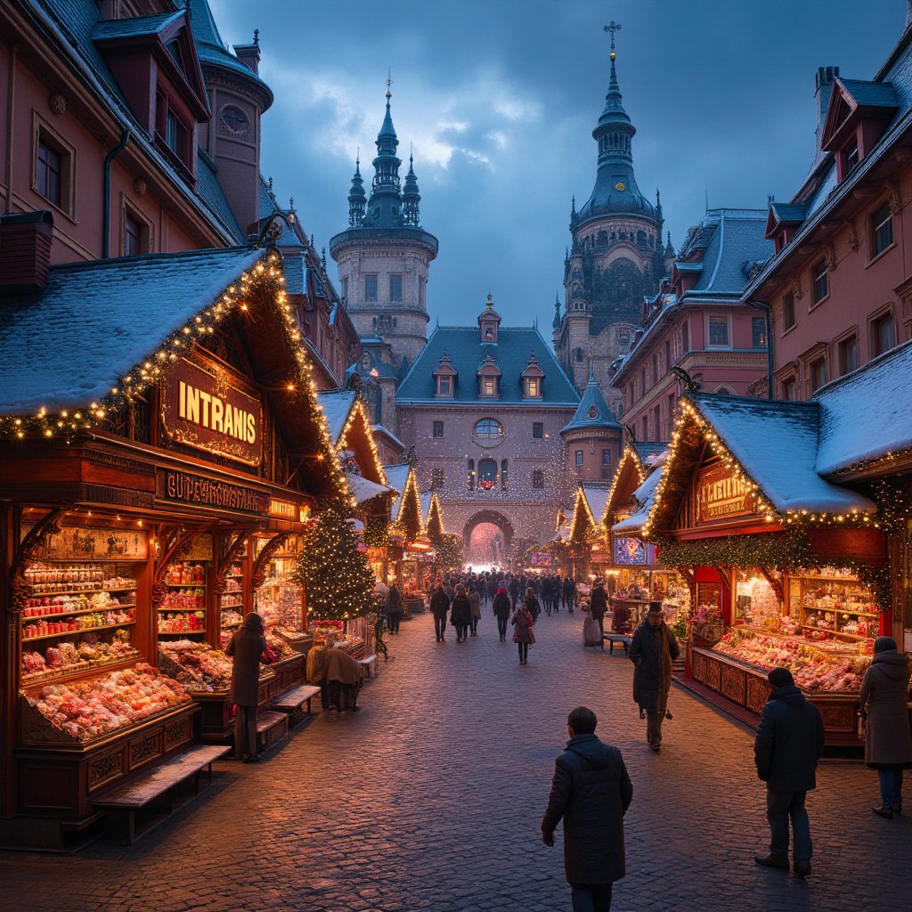 An opulent Christmas market in a picturesque town square,  featuring elegantly decorated stalls,  shimmering lights by Saw...