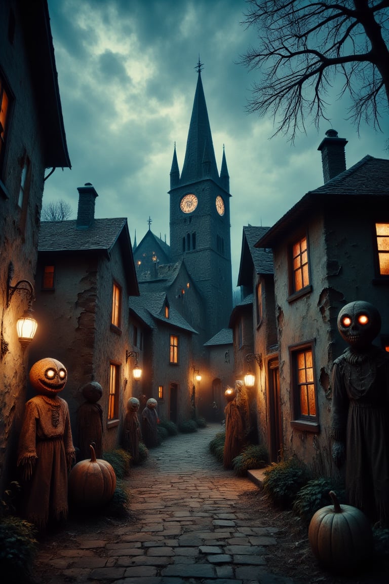 A quaint village square decorated for Halloween, but with an unsettling twist—sinister scarecrows with glowing eyes watch every move, and the disquieting silence is broken by distant, eerie whispers. Creepy festive tone.
