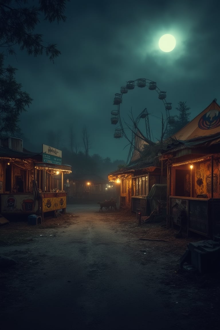 An eerie abandoned carnival at midnight, complete with rusted rides, tattered tents, and ghostly figures wandering around. Surreal and unsettling atmosphere.
