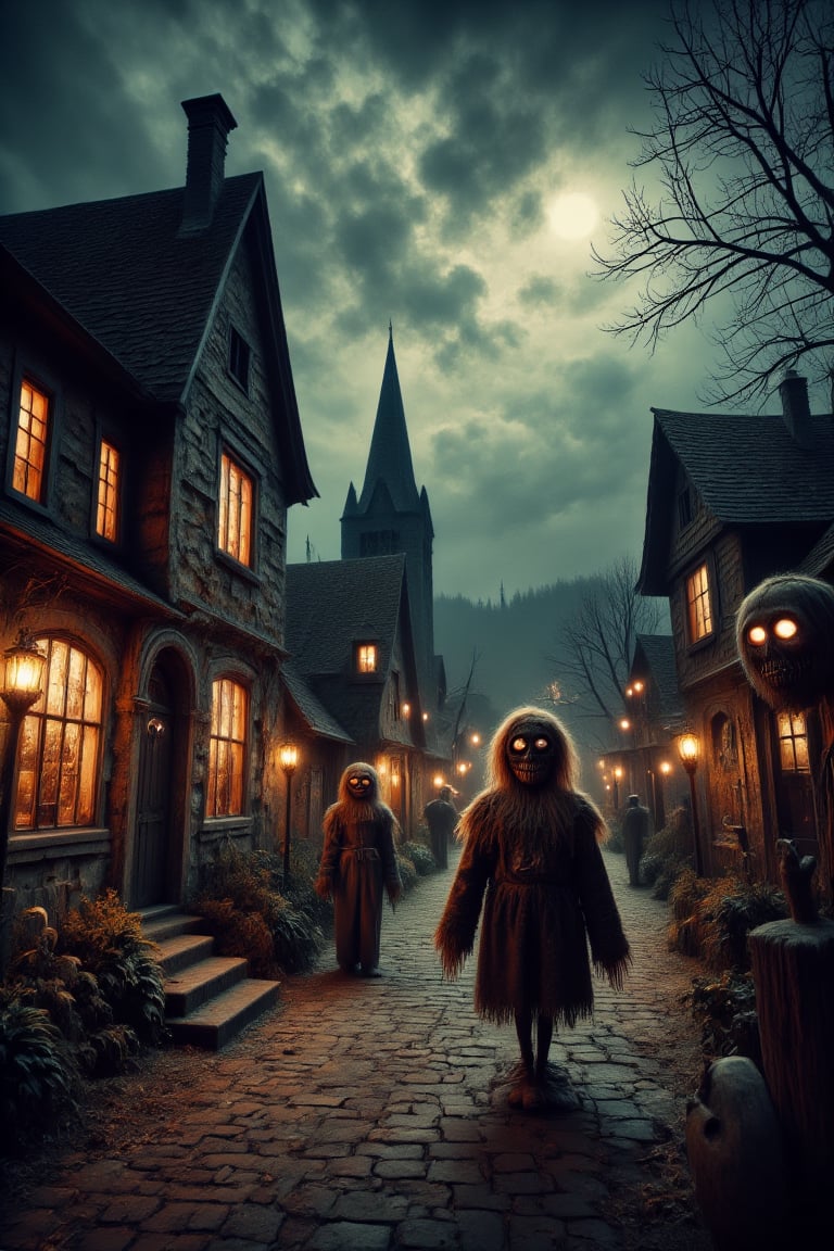 A quaint village square decorated for Halloween, but with an unsettling twist—sinister scarecrows with glowing eyes watch every move, and the disquieting silence is broken by distant, eerie whispers. Creepy festive tone.
