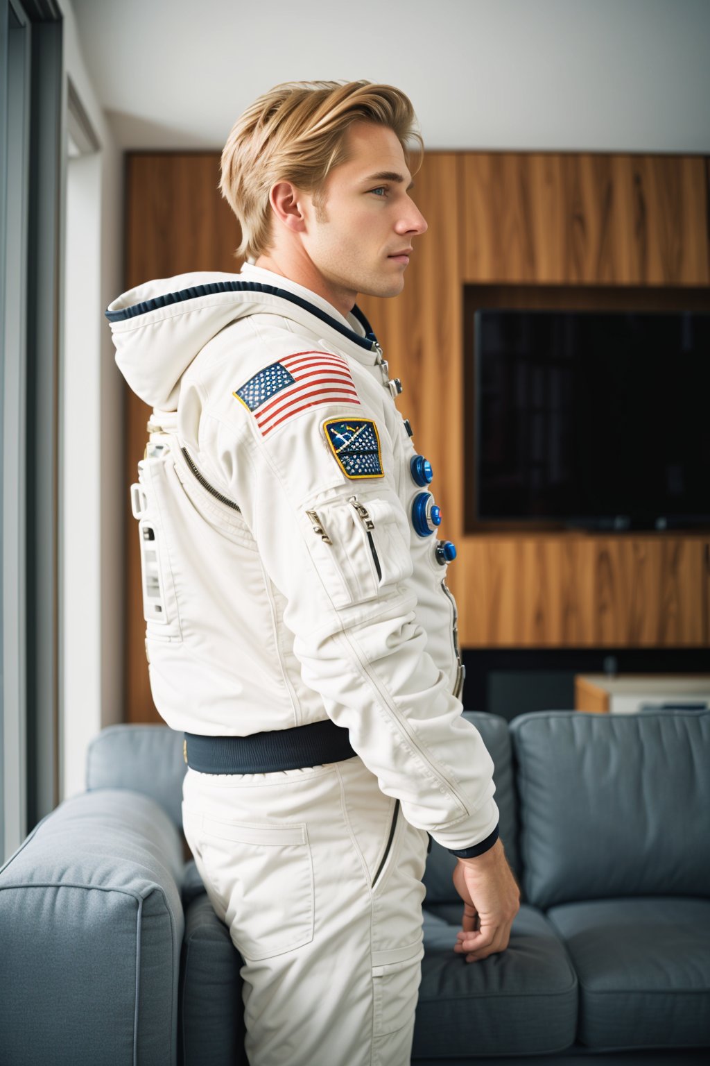 Handsome astronaut blond hair. Standing in livingroom. (side view) . One dog sliping in sofa