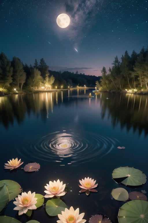 : "A night with the sky full of stars and a big full moon reflected in a small lake where water lilies float.