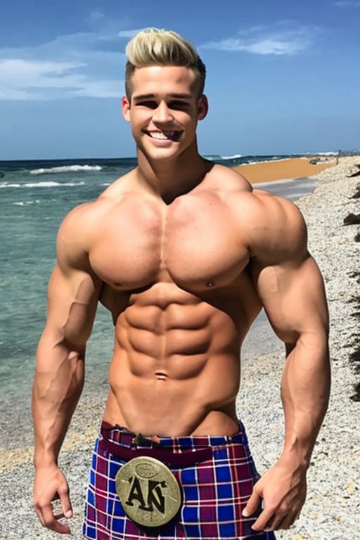 Handsome logan jensen, 20 year old. Blond hair, (fit body:1.5), (big muscle:1.4), (lean muscle). Smiling. Blue eyes. Dressed in kilt and topless 