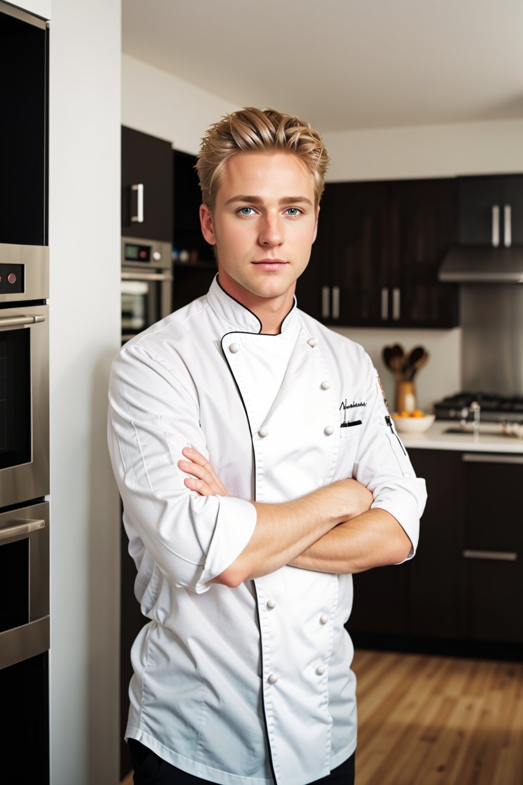 Handsome chef blond hair. . Standing in livingroom.