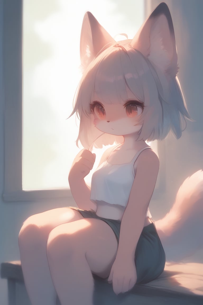 (background_barn, straw, windows, sun, forest)

(1girl, black_hair, short_hair, straight_hair, red_eyes, shortstack, furry_girl, fox_ears, fox_tail, furry, girl_fox,