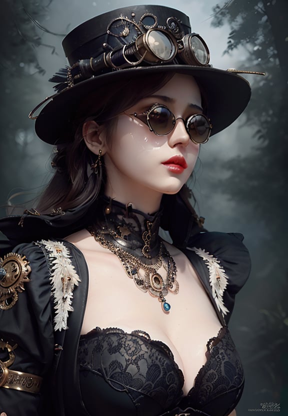 (((full length and close up))), 1 girl, lady wearing round steel hat and outfit, retro sunglasses, victorian dress, glowing skin, cinematography, elaborate, elegant, meticulous, gorgeous, maximum details, extremely hyper-aesthetic, intricately detailed, supersteampunk style