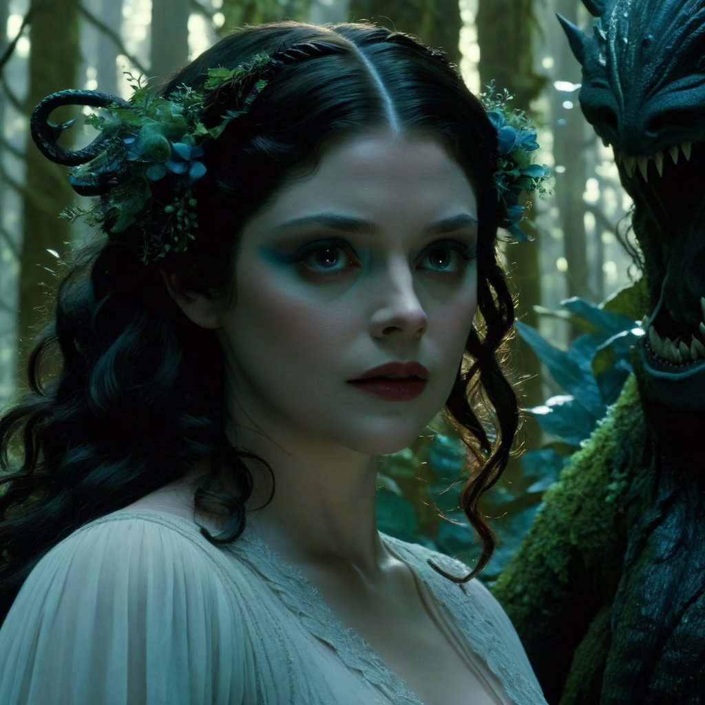 cinematic still, filmed by Guillermo del Toro, Amidst a deep dark forest, an enigmatic being appears--an amalgamation of flora and fauna, with vines for hair, eyes gleaming like embers, and skin adorned with iridescent scales 