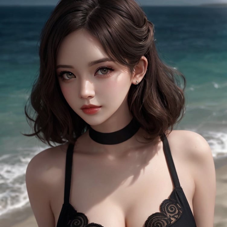 (sharp focus: 1.2), photo, attractive young woman, (beautiful face: 1.1), detailed eyes, luscious lips, (cat eye makeup: 0.85), (big eyes: 1.0) , (toned body: 1.2), (curly hair: 1.2), wearing (bodysuit: 1.2) in a (beach: 1.2). (changing lighting: 1.2), depth of field, bokeh, 4K, HDR. by (James C. Christensen:1.2|Jeremy Lipking:1.1).