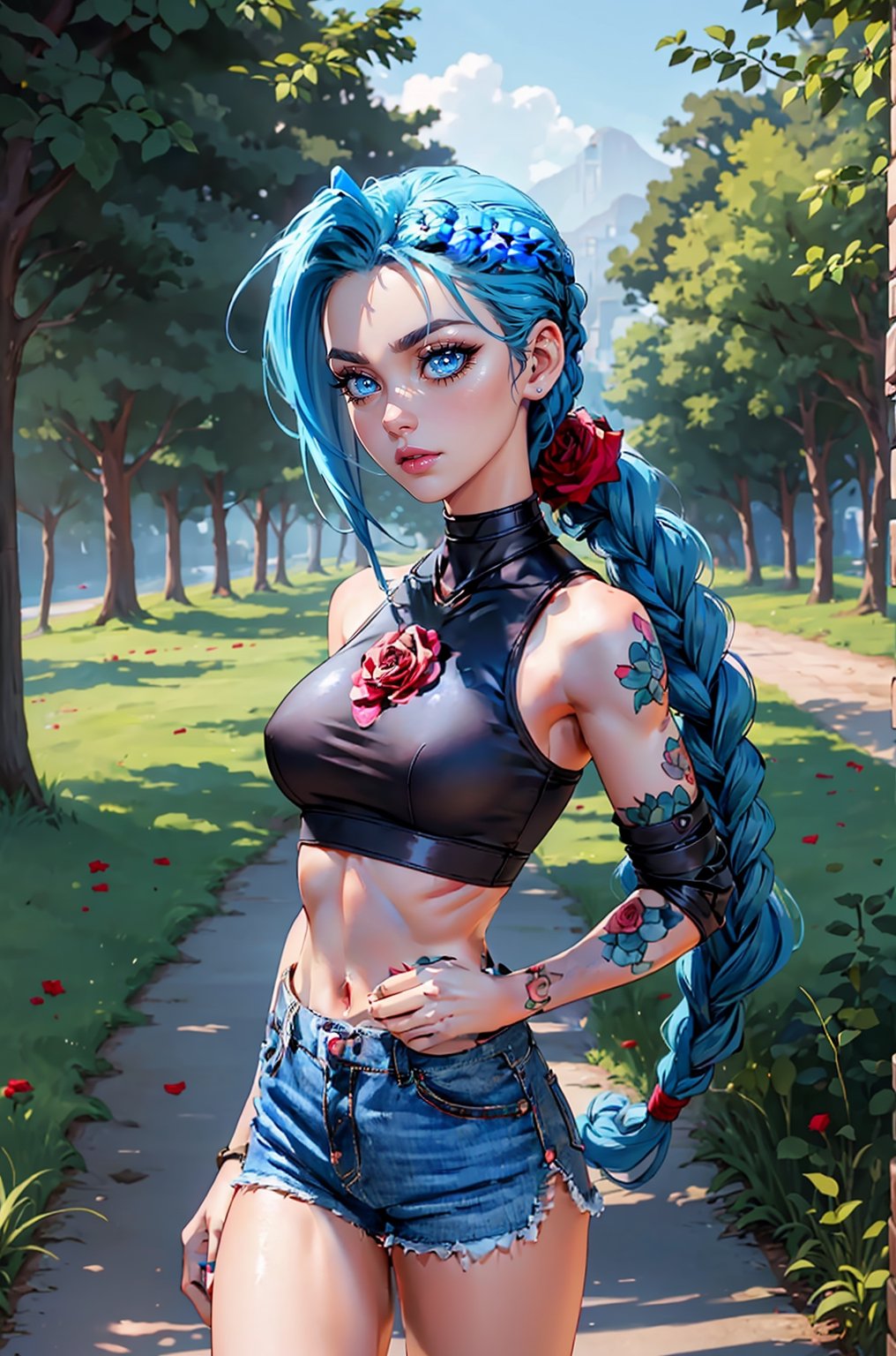 she wears a red rose as an ornament in her hair, HairRose, JinxLol, Narin, light_blue_hair, light_blue_eyes, (cowboy_shot:1.1), (eye_level_shot), (front vire, viewed_from_front)), jawline is softly defined, (big eyes:1.3), Full of details, Highly detailed, Detailed face, serious expression, sexy pose, denim shorts with worn edges, crop_top, walking, midriff, bare_midriff, pink lipstick, full lips, very narrow waist, hourglass body shape,shine eyes01, looking_at_viewer, ((background of a natural path full of plants, trees and roses)), hands down, perfect,

"((Jinx walks)) calmly for a natural path full of plants, trees and roses wearing ((raw-edged denim shorts)) and a ((crop top)), her beautiful ((eyes shine)) and the wind plays with her ((long braided hair)) and she wears a rose as an ornament in her hair",perfect,HairRose