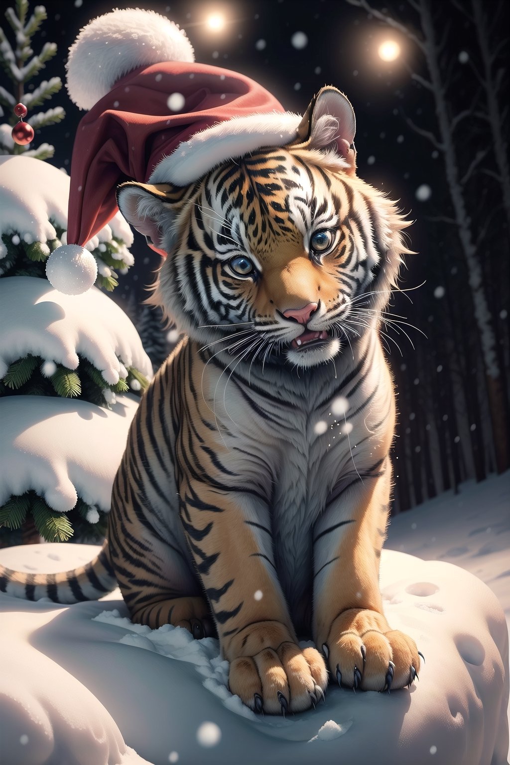 little tiger cub in a Christmas hat, sitting under a spruce tree, snow falling from above, dragon looking up, angle from top to bottom, snow falling in flakes, warm winter atmosphere, new year, bokeh,salttech