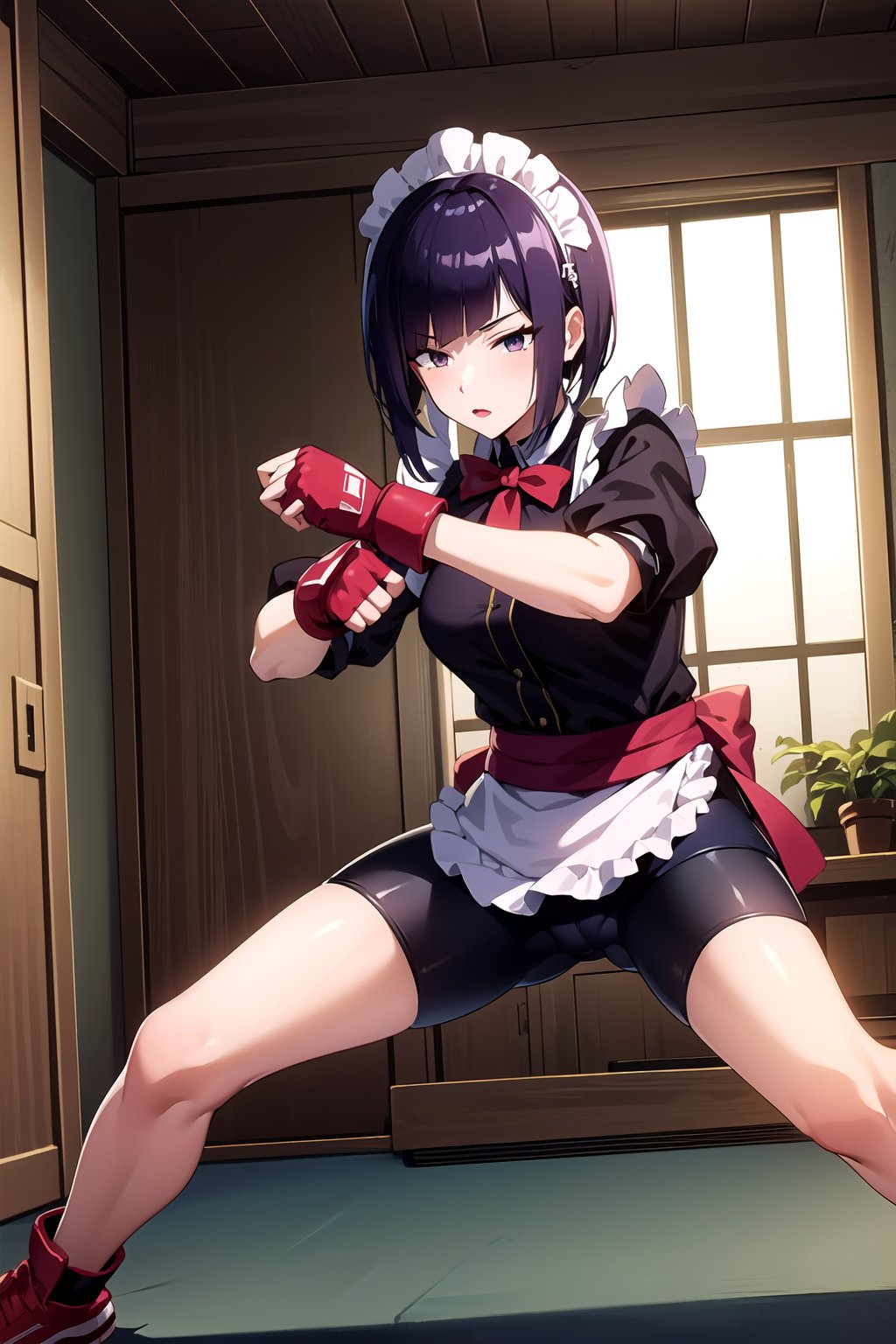 1woman, (masterpice), hihg quality, best quality, high detailed, (solo), 4k, pixiv, cg, (solo),fingerless gloves, maid headdress, bike shorts, red gloves, (fighting stance:1.1), room, ranko, short hair, purple hair