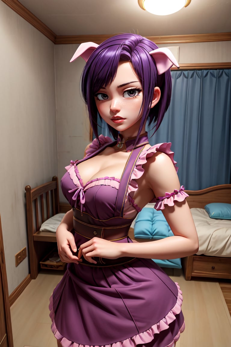 1girl, (masterpice), best quality, high quality, high detailed, perfect body, good body, ,cartoon ,real, ranko, short hair, purple hair maid, fake pig ears, room, (modeling pose:1.2)