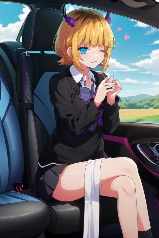 best quality,(1girl,solo,fullbody),
(school uniform), (blue eyes,(close one eye)),
(sit,crossed legs,hearts,cute),(idol pose)
(in the car)

:3,memcho,tiny horns