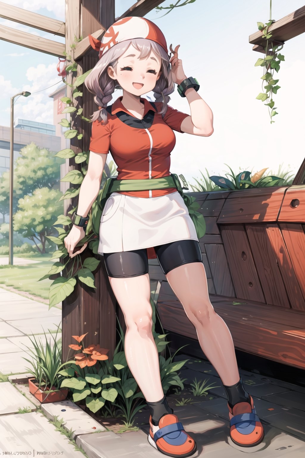 ((masterpiece, best quality, extremely detailed, )), masterpiece, best quality, looking at viewer, murata yuusuke Style\(style\), {big milkers} (full body), masterpiece, best quality, highres, 1girl, may (pokemon), red shirt, short sleeves, smile, red bandana, yellow fanny pack, white skirt, bike shorts under skirt.  torchic, chicken pokemon,aiue oka,Pink hair,Two braids,Closed eyes