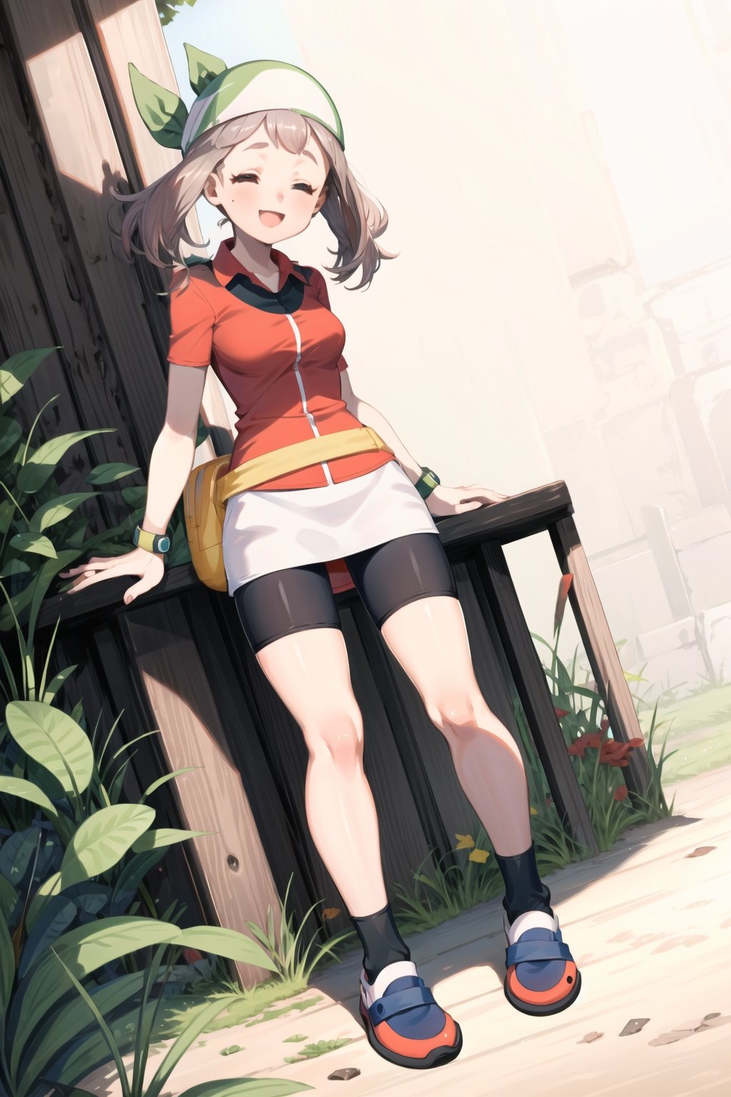 ((masterpiece, best quality, extremely detailed, )), masterpiece, best quality, looking at viewer, murata yuusuke Style\(style\), {big milkers} (full body), masterpiece, best quality, highres, 1girl, may (pokemon), red shirt, short sleeves, smile, red bandana, yellow fanny pack, white skirt, bike shorts under skirt.  torchic, chicken pokemon,aiue oka,Pink hair,Two braids,Closed eyes