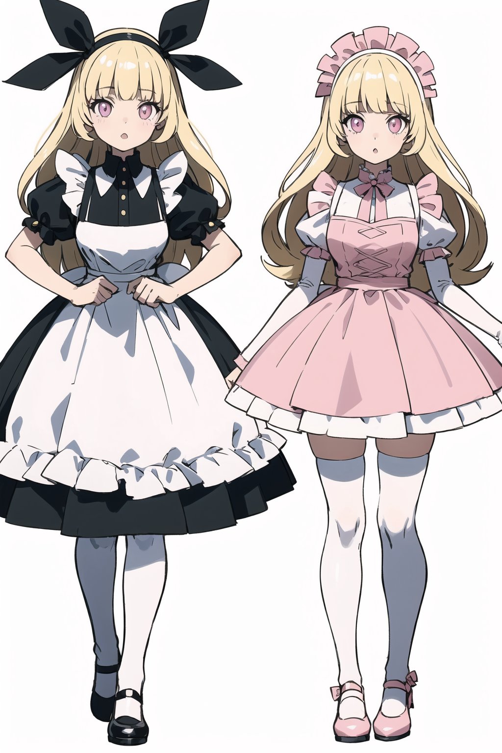 1girl, young, pink_dress, (cute body, cute face,) (alice in wonderland), (gretel), (jill), (goldilocks) ((blond hair), bangs in front of the eyes, long flowing hair, long side strands of hair), (white apron, pink dress with fringes, white collar and sleeves, white stockings, pink mary jane shoes), golden_eyes, (big, glowing, fairy eyes), short, small, masterpiece, {{illustration}}, {best quality}, {{hi res}}, fairy tale girl trainer class, multiple_views, model_sheet, character_design, child, (sugimori ken \(style\), full_body