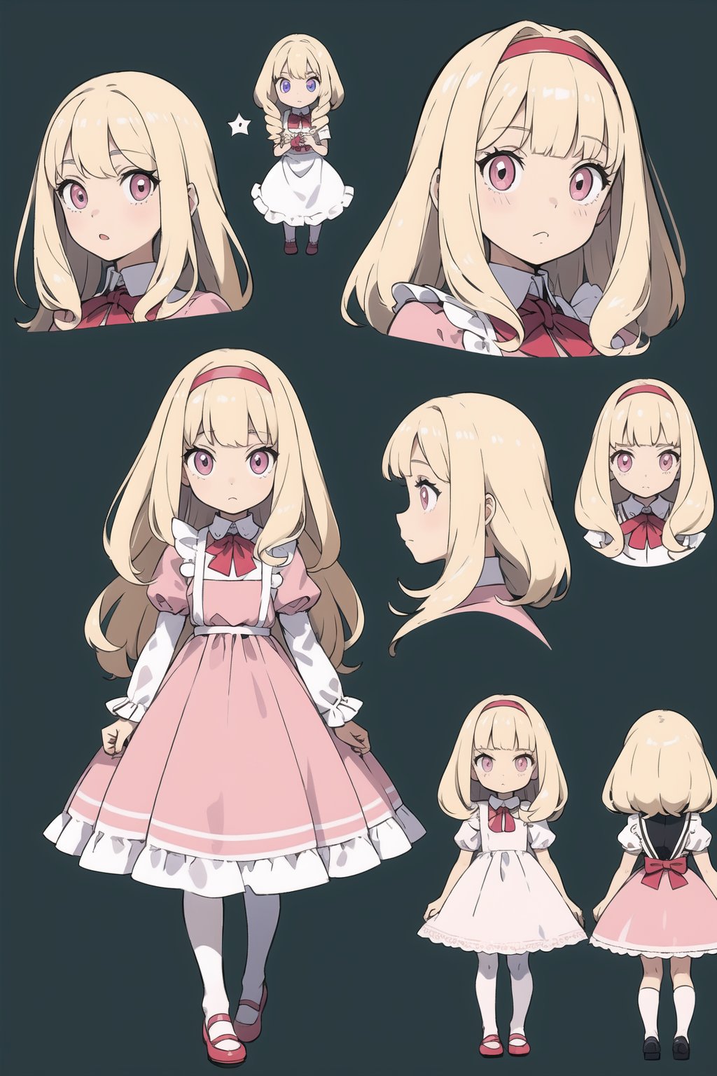 1girl, young, pink_dress, (cute body, cute face,) (alice in wonderland), (gretel), (jill), (goldilocks) ((blond hair), bangs in front of the eyes, long flowing hair, long side strands of hair), (white apron, pink dress with fringes, white collar and sleeves, white stockings, pink mary jane shoes), golden_eyes, (big, glowing, fairy eyes), short, small, masterpiece, {{illustration}}, {best quality}, {{hi res}}, fairy tale girl trainer class, multiple_views, model_sheet, character_design, child, (sugimori ken \(style\), full_body