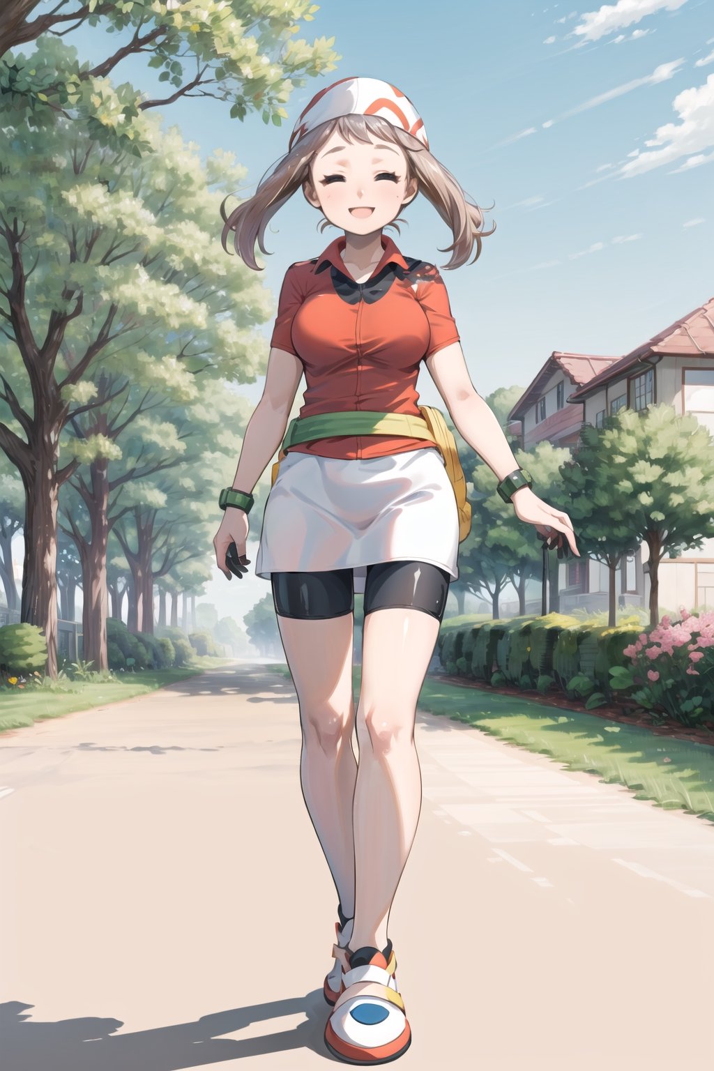 ((masterpiece, best quality, extremely detailed, )), masterpiece, best quality, looking at viewer, murata yuusuke Style\(style\), {big milkers} (full body), masterpiece, best quality, highres, 1girl, may (pokemon), red shirt, short sleeves, smile, red bandana, yellow fanny pack, white skirt, bike shorts under skirt.  torchic, chicken pokemon,aiue oka,Pink hair,Two braids,Closed eyes