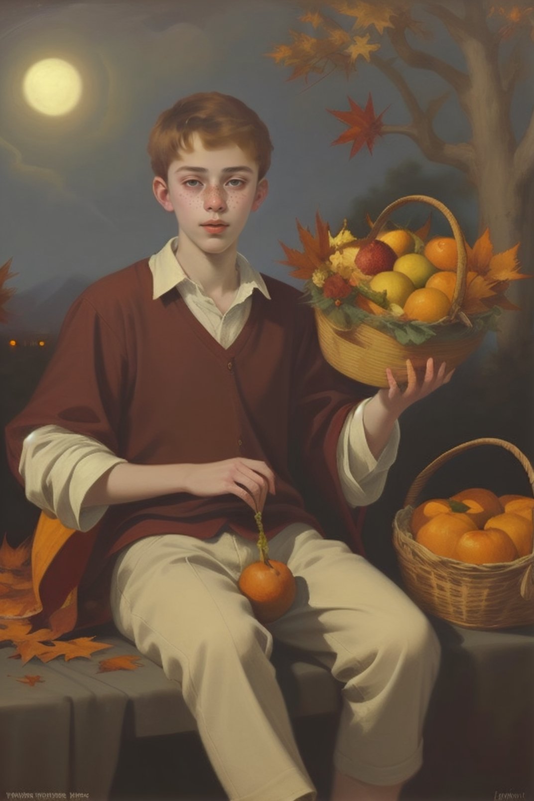 19yo guy portrait. Sitting. Dinner. Fruit basket. Night. Autumnal. Baroque, Dark, Light, art, Freckles, Hazel eyes 