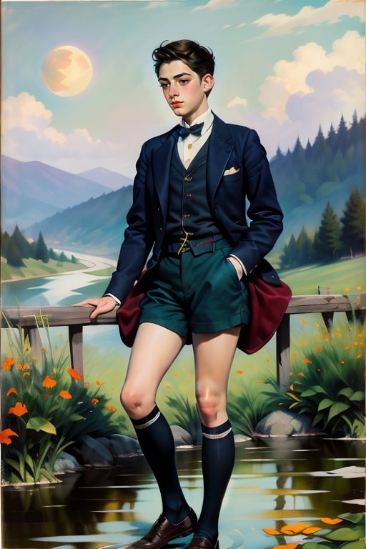 Exquisite illustration of a boy wearing flowers. A river. The moon. Sky canvas of shades of lavender and amethyst. 18yo 1920s boy. Wearing a dark red striped shirt. Black shorts. Knee-high socks in black wine details. 