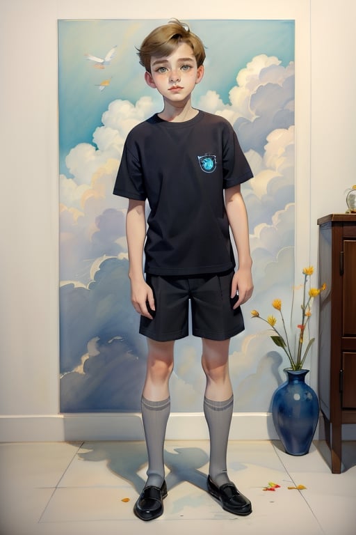 exquisite illustration of a boy wearing flowers, 1boy, kawaii, DIOR, Honey hair, Freckles, Hazel eyes, Dandi, Drawing, Thick Outline, exquisite illustration. 18yo guy. Grey eyes. Standing. Clouds. Wine-colored striped shirt. Black shorts. Knee-high socks in black wine details