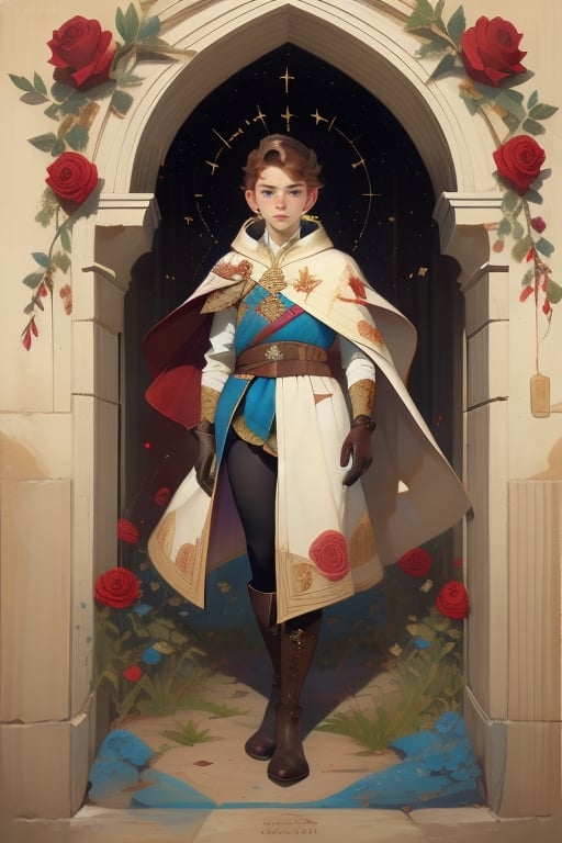 15yo . (dark-wine Russian:Tabard, sword, cape, coat, leggings, high boots, leather gloves, royal insignia, embroidery, gold ornaments), 1734 medieval Russian boy.  on field of roses. intricate details, sorrounded by stars 