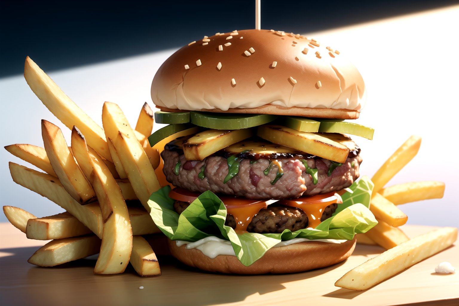 centered,  two tiny burgers and a bunch of french fries,  simple background by theAstroBruh 💾 on Tensor.Art