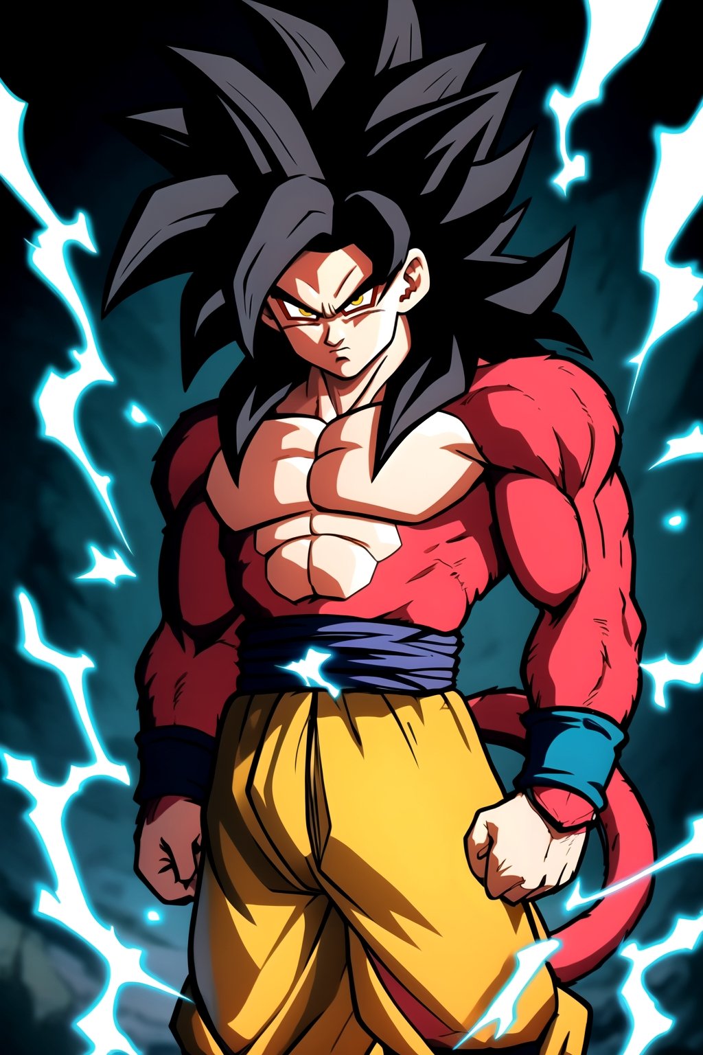 centered, solo, man, upper body, standing, | aura, electricity, Super_Saiyan_4_Goku, 1boy, male focus, super saiyan, tail, wristband, pants, red fur, black hair,  (looking at viewer), 