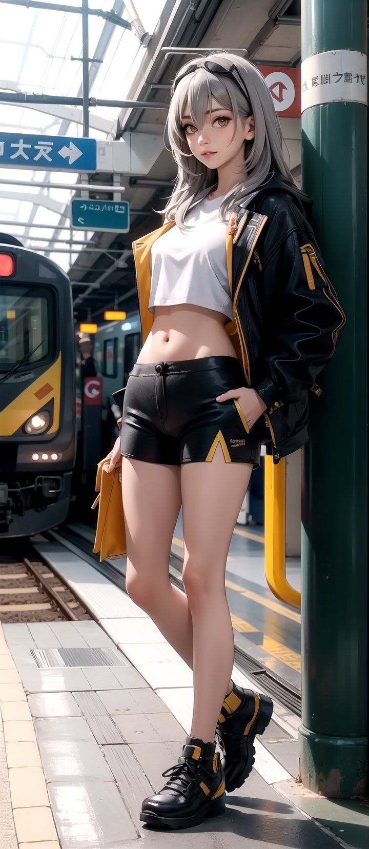 centered, upper body, cowboy shot, standing, (looking at viewer:1.2), | stelle hsr, | 1girl, solo, yellow eyes, long hair, grey hair, hair between eyes, black eyewear on head, | black open jacket, white top, navel, midriff peak, black shorts, | train station, subway scenery, train, metroline, | bokeh, depth of field, ,stelle hsr