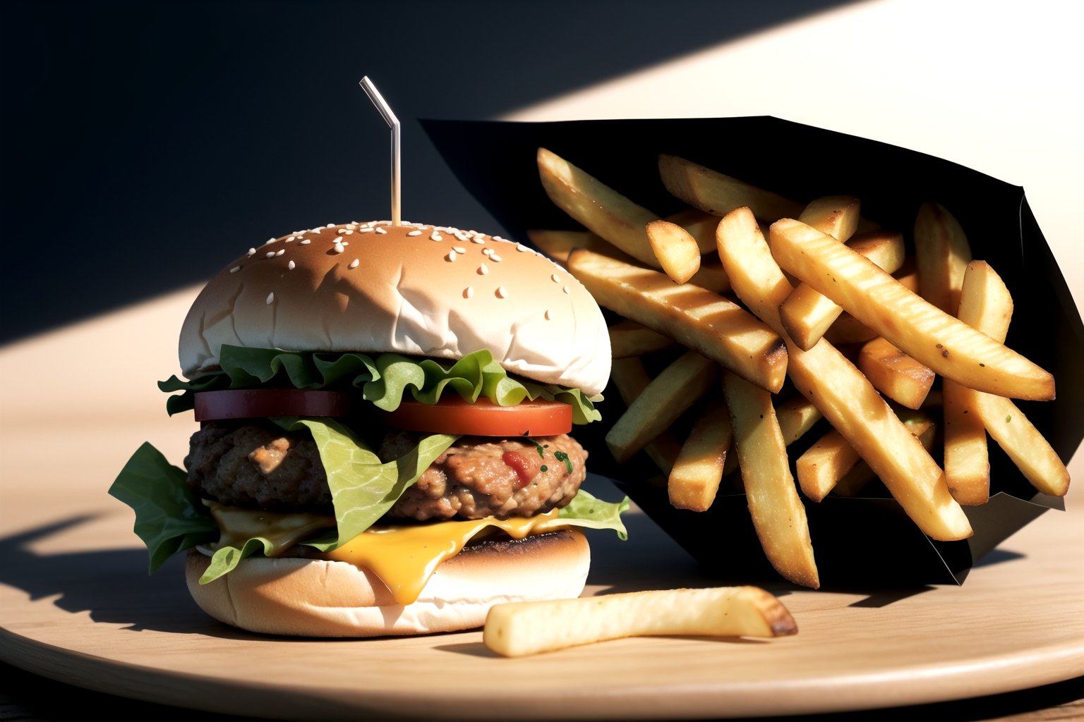 centered,  two tiny burgers and a bunch of french fries,  simple background by theAstroBruh 💾 on Tensor.Art
