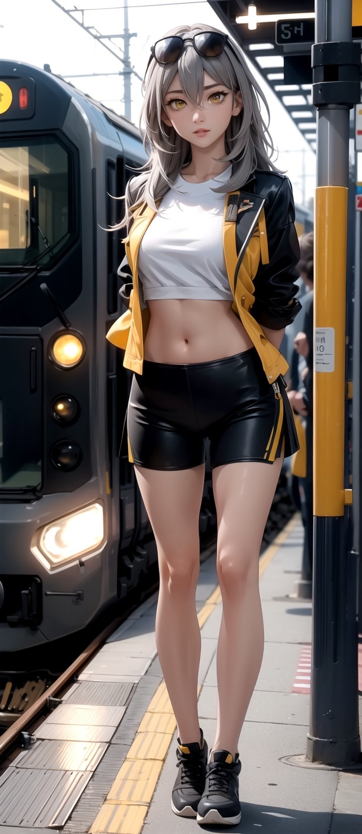 centered, upper body, cowboy shot, standing, arms behind back, (looking at viewer:1.2), | stelle hsr, | 1girl, solo, yellow eyes, long hair, grey hair, hair between eyes, black eyewear on head, | black open jacket, white top, navel, midriff peak, black shorts, | train station, subway scenery, train, metroline, | bokeh, depth of field, ,stelle hsr