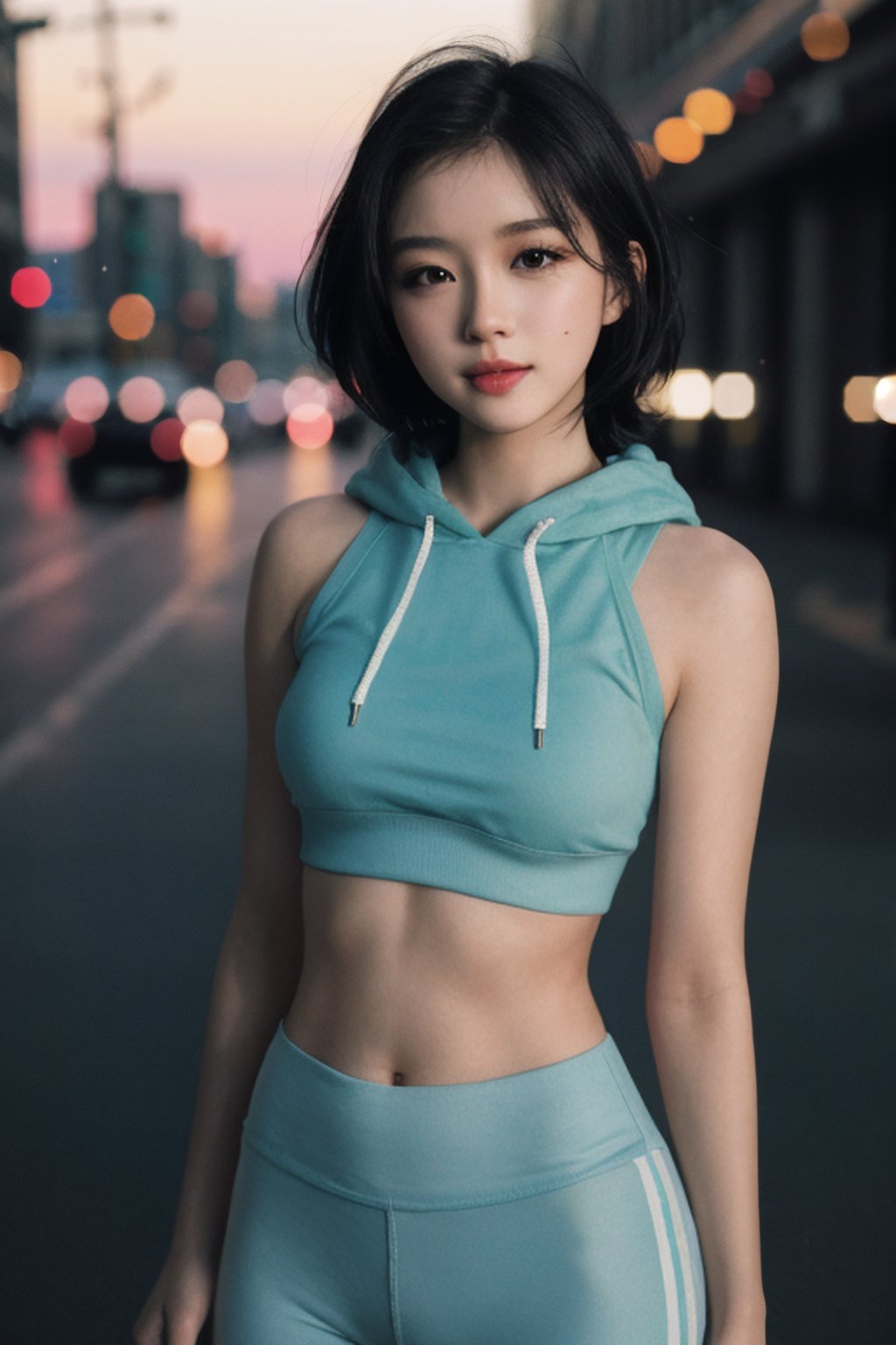 (looking at viewer:1.2), centered, upper body, photography of a 22yo woman, masterpiece, | (beautiful detailed eyes:1.2), short hair, aqua hair color, light blue eyes, crop top hoodie, midriff, navel, lowleg black yoga leggins, | sunset, bokeh, depth of field, | urban, street, City, | starry sky, vaporwave color scheme 