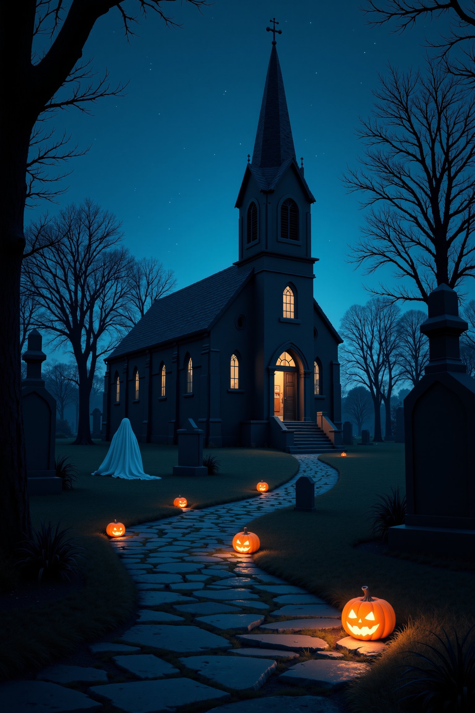 astroflux_v101, | dark fantasy, gothic church, night time, sky full of stars, pumpkin lantern with a rock path throught a cementery, ghost sitting on the floor, ghost walking, hidden ghost behind a tree, | cinematic horror enviroment,