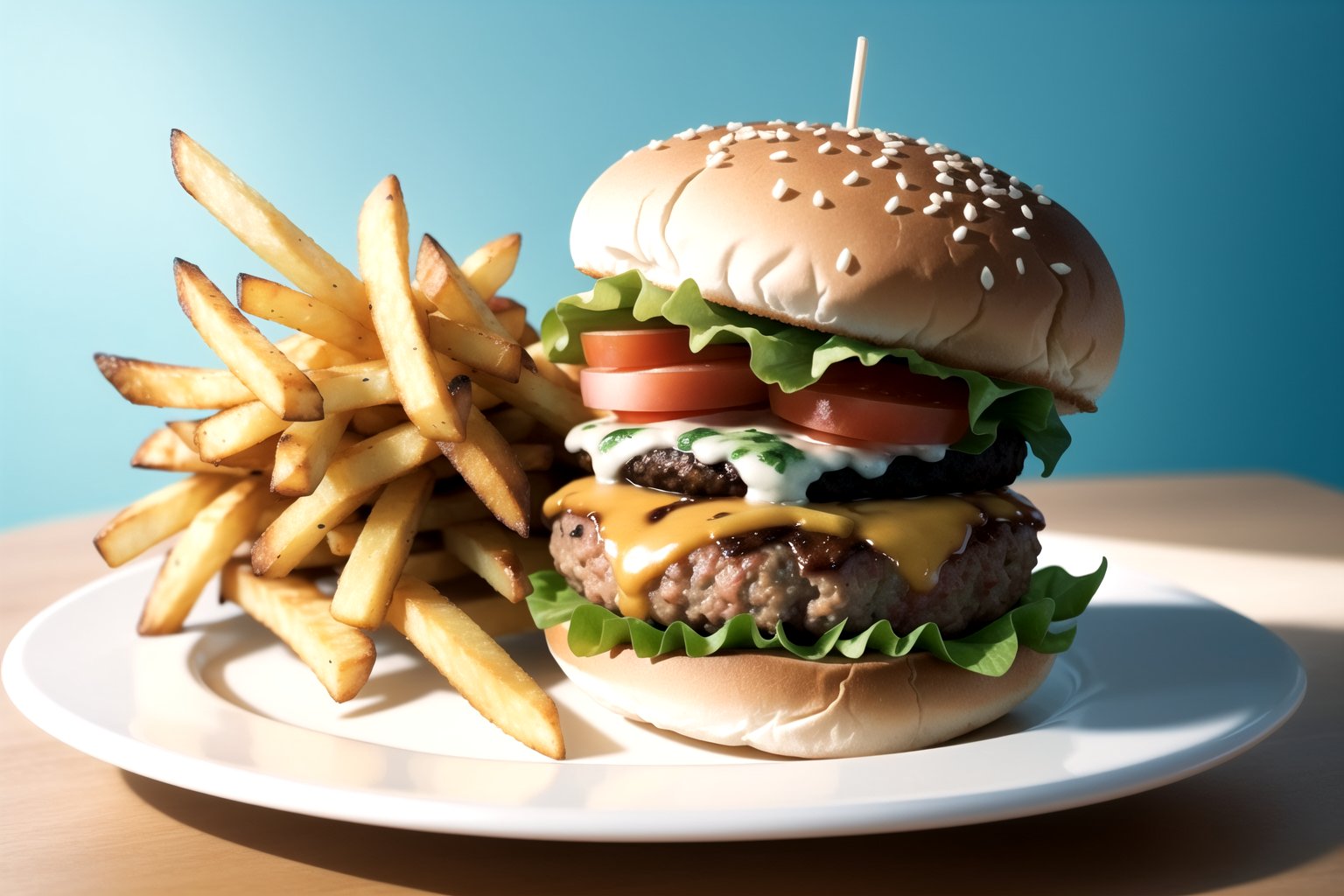 centered,  two tiny burgers and a bunch of french fries,  simple background by theAstroBruh 💾 on Tensor.Art