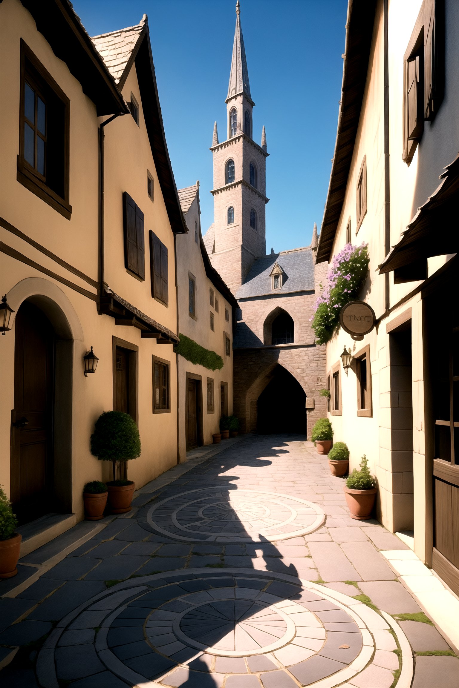 centered, fantasy town, medieval, european street, | hyperealistic shadows, smooth detailed,