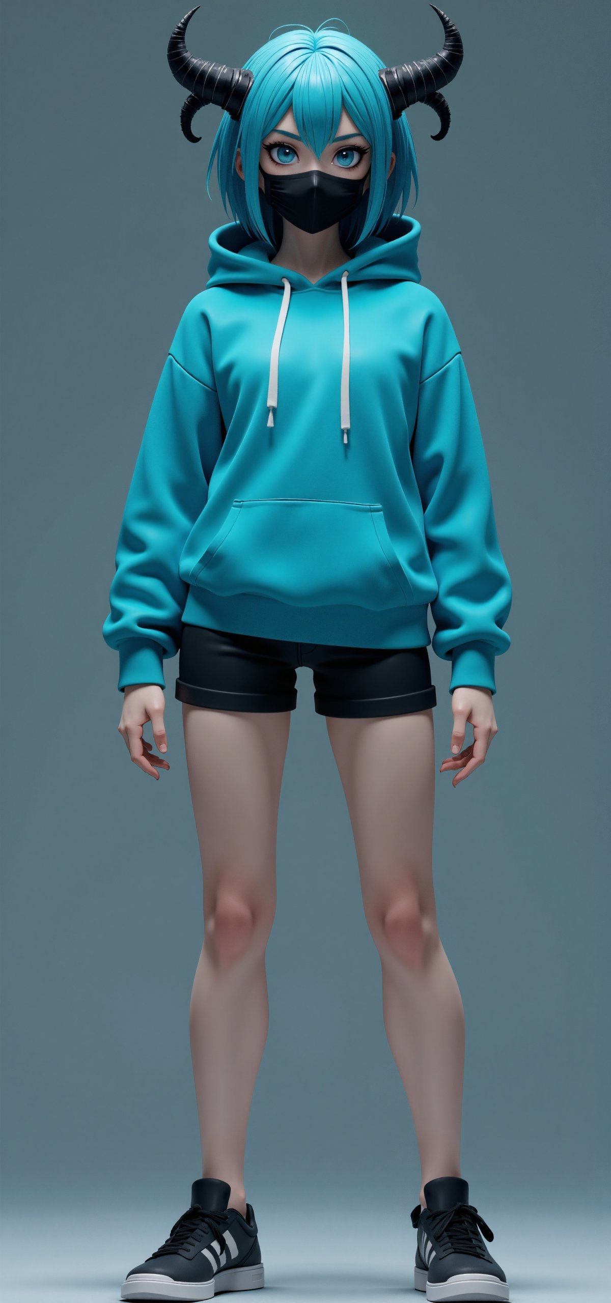 3d digital render of a demonic woman with demon horns,  she have short hair with aqua color tone,  she is wearing a blue h...