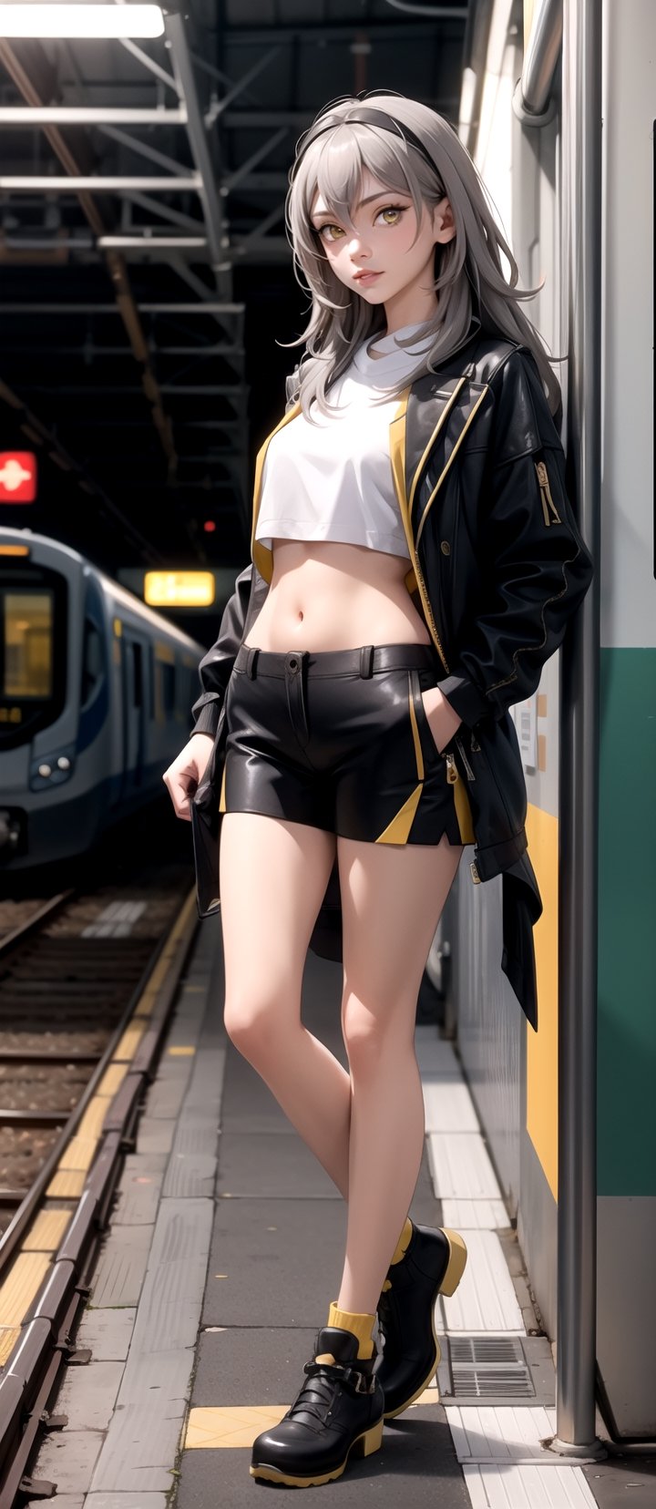 centered, upper body, cowboy shot, standing, (looking at viewer:1.2), | stelle hsr, | 1girl, solo, yellow eyes, long hair, grey hair, hair between eyes, black eyewear on head, | black open jacket, white top, navel, midriff peak, black shorts, | train station, subway scenery, train, metroline, | bokeh, depth of field, ,stelle hsr