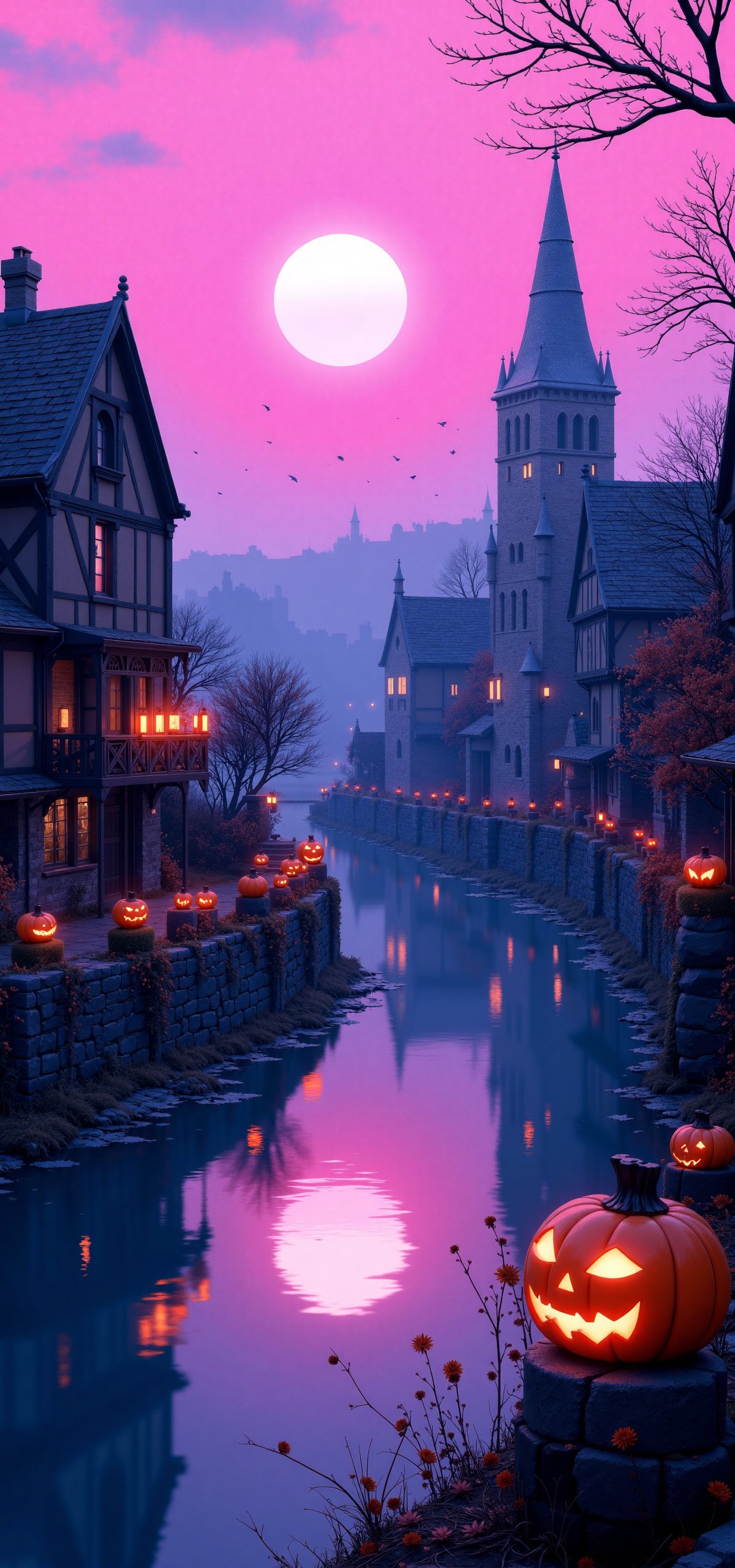 astroflux_v101 | 3d digital render of a view from above of a river water lake near a celtic medieval town decorated with halloween ornaments and with scare crows with pumpkin lanterns, | simple scenery without characters, plain background, plain magenta with blue background, sunset, vaporwave color scheme,