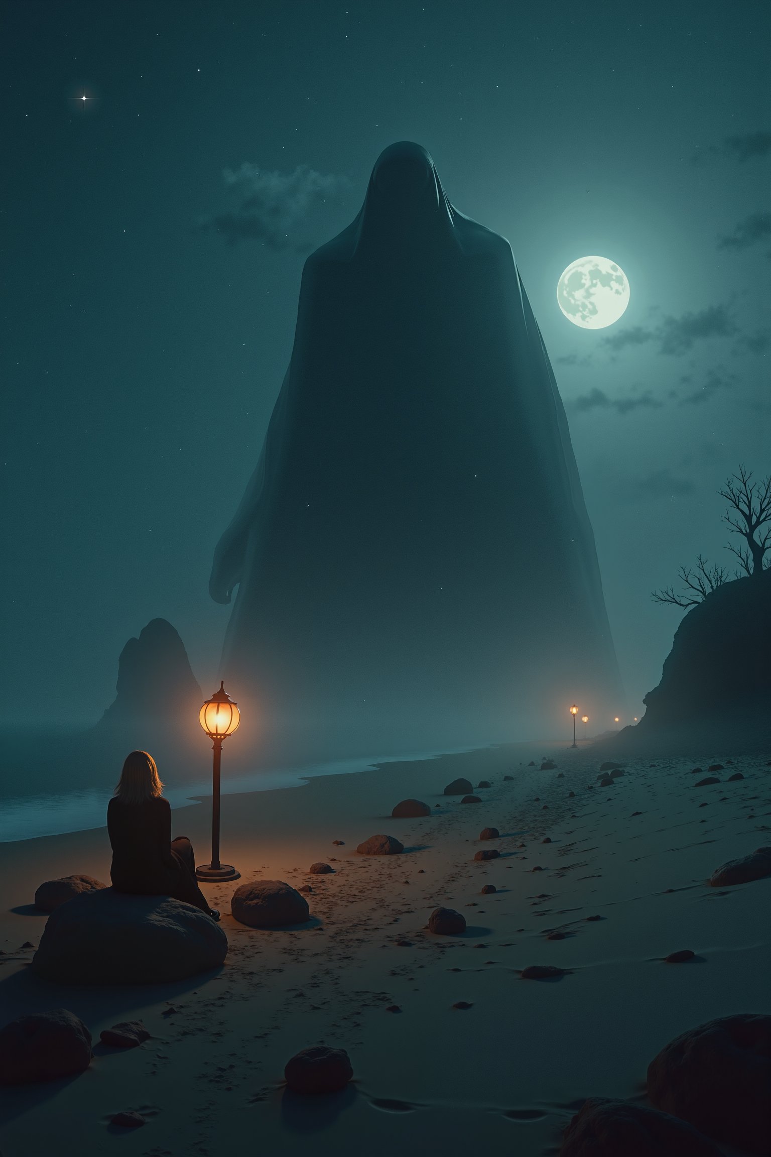 analog, creepy footage of giant menacing spectre on a Halloween island beach at dusk, star-studded sky, softly glowing pumpkin lantern leading a winding rock path through the misty shore, ghostly figure sitting on the sand, another ghostly figure strolling in the distance, a hidden specter lurking behind a twisted tree, | ominous cinematic horror environment with subtle fog and moonlit highlights.