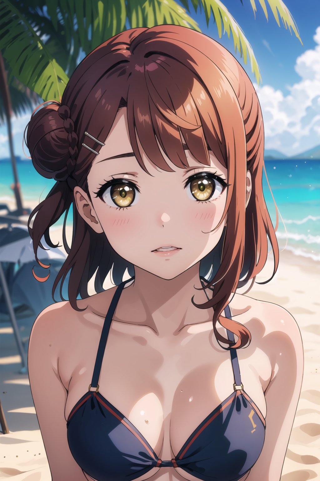 masterpiece, best quality, 1girl, solo, uehara ayumu, swept bangs, yellow eyes, hairpin, bikini, beach, greenary, depth of field, 