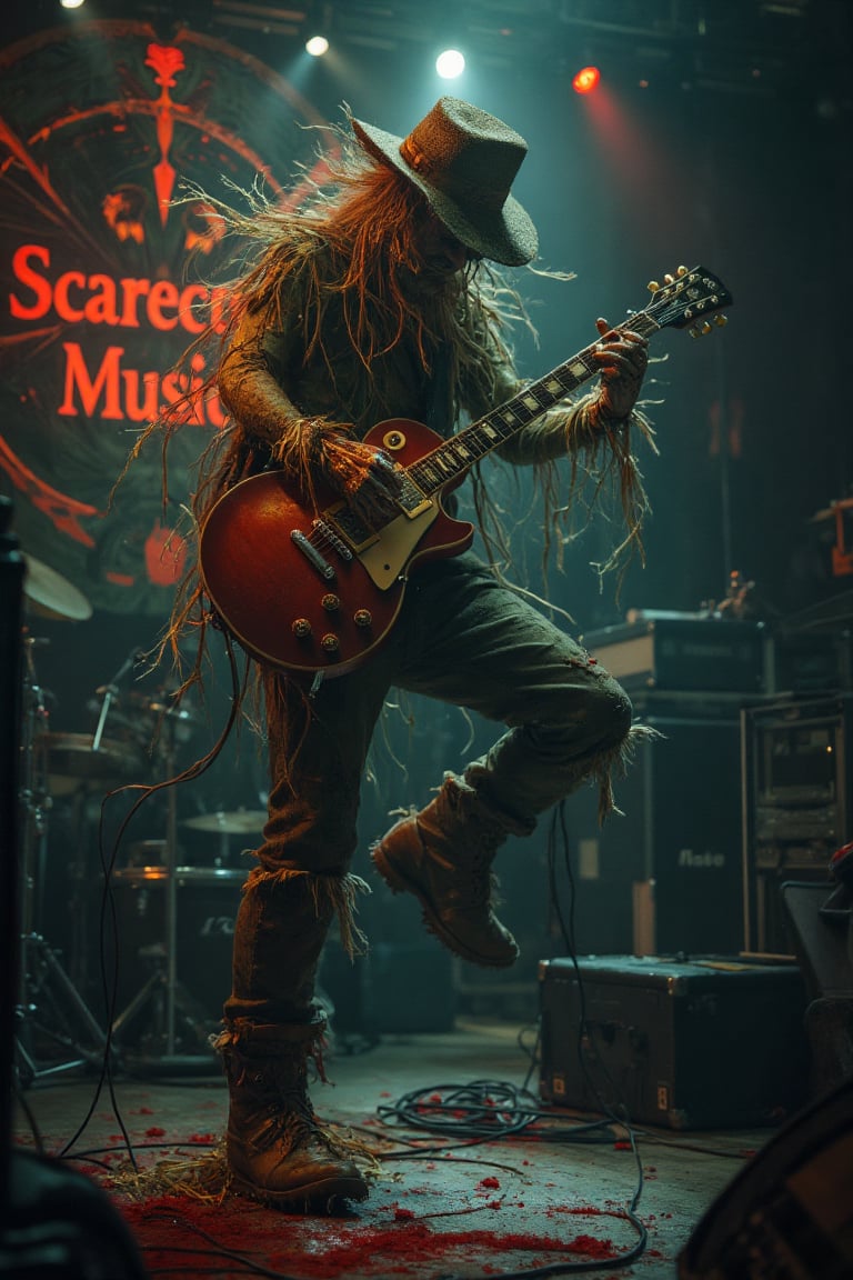 "A scarecrow on a music stage, playing an electric guitar and jumping in the air, in a gloomy setting with maroon and olive green colors.", in the background the logo "Scarecrow Music"

"style": "Dark and gloomy style",
"technique": "Use of expressive and dynamic brushstrokes, with a focus on texture and lighting.",
"colors": "Maroon, olive green, dark blue",
"details": "The scarecrow has an expression of passion and energy, with eyes that shine with an intensity that is contagious. The guitar is a tool of expression for the scarecrow, who plays it with an intensity and passion that is palpable. The setting is gloomy and dark, with shadows that create an effect of mystery and tension.",
"lighting": "The lighting is dramatic and expressive, with light and shadow that highlights the scarecrow's figure and the gloomy atmosphere. The maroon and olive green colors create an effect of complementarity and harmony."